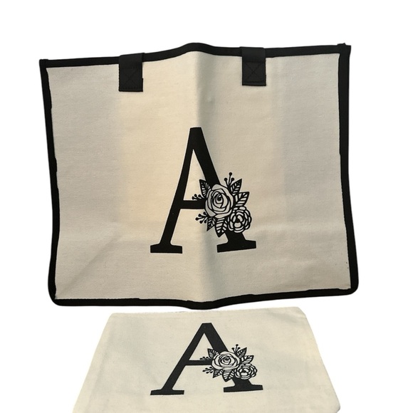 Canvas Tote Bag with Floral Initial A With Pouch Brand New - Picture 1 of 4